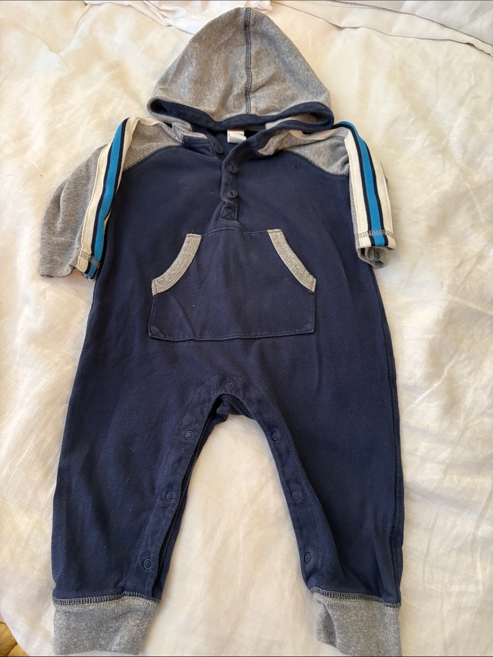 Tea Collection Navy and Gray Hooded Footie with Blue Stripe